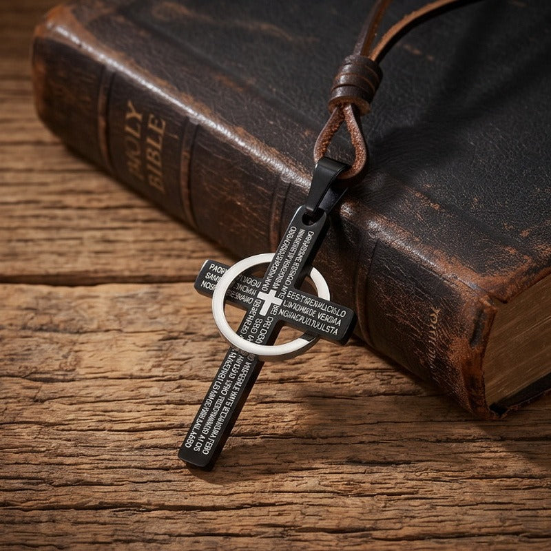 Kemstone Titanium Steel Engraved Cross Pendant for Men Vintage Ring Cross Chain KP119055-Z