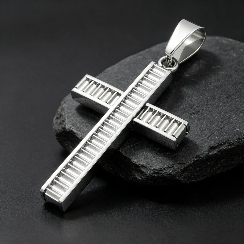 Kemstone Layered Cross Pendant Necklace for Men Stainless Steel Ribbed Design KP119486-HR