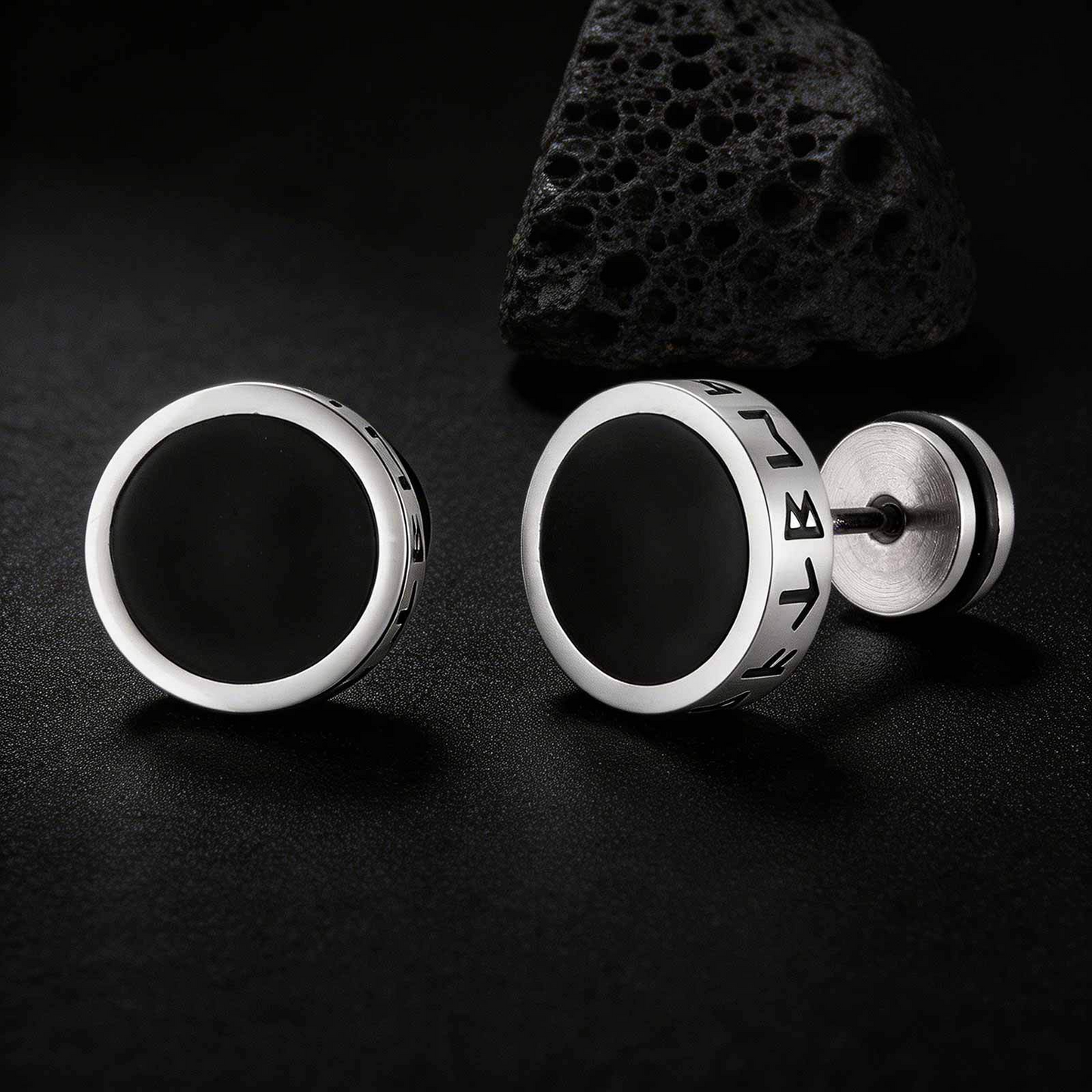 Kemstone Stainless Steel Tiger Eye Stud Earrings – Round Rune Edge Design for Men ES-784