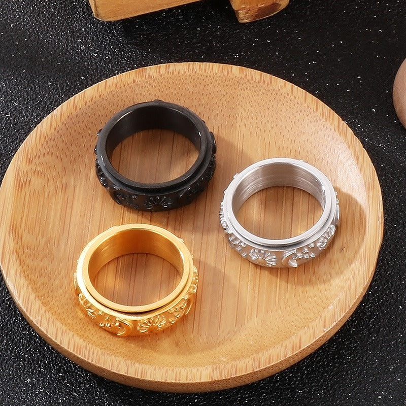 Kemstone Celestial Spinner Ring – Titanium Steel Sun Moon Star Fidget Band for Men, Gothic Streetwear Style KR105136