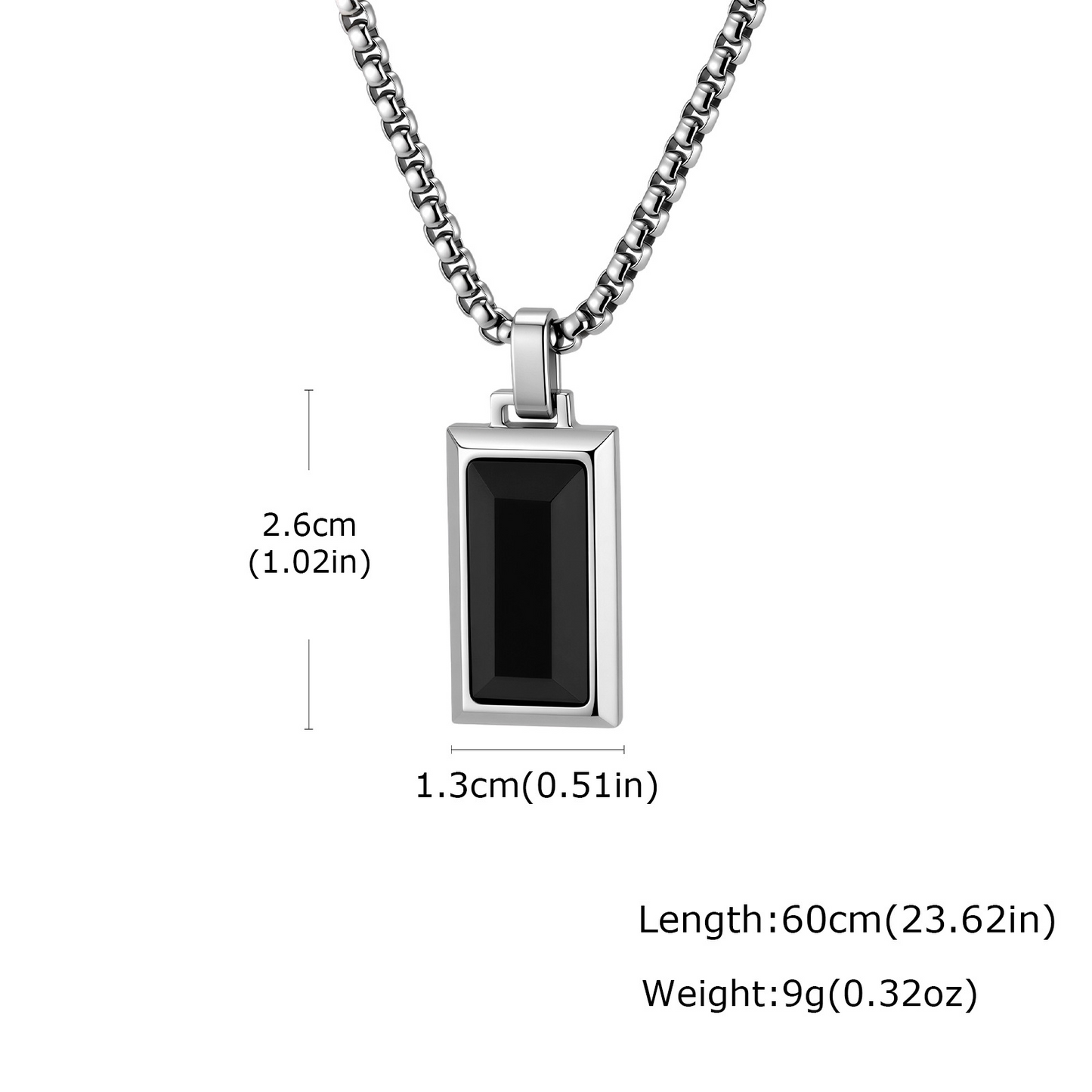 Kemston Rectangular Black Agate Pendant Necklace for Men Stainless Steel Vintage PN2379