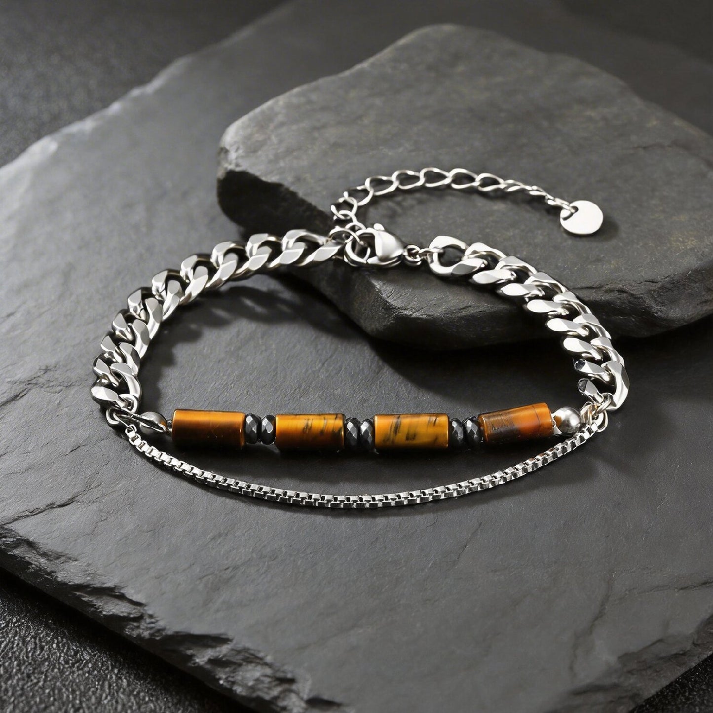 Kemstone Tiger Eye Beaded Bracelet for Men Stainless Steel Layered Chain BR-2922