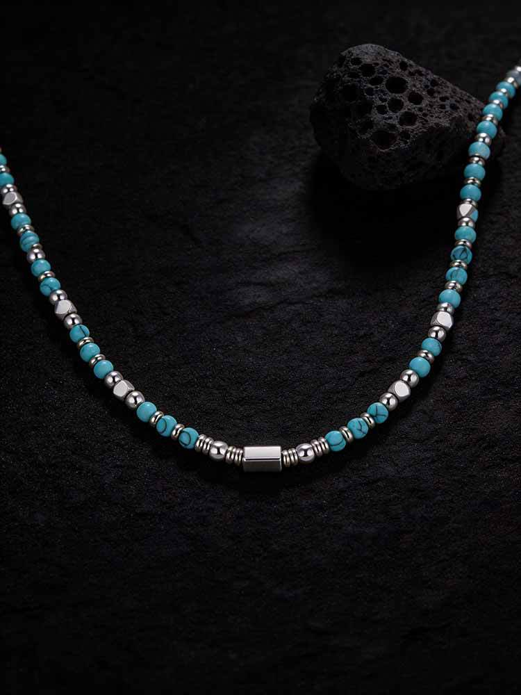 Kemstone Beaded Necklace Stainless Steel Bar Mixed Stone Malachite Turquoise for Men NC-2811