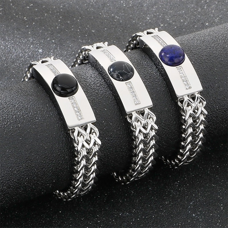 Kemstone Titanium Steel ID Bar Bracelet for Men Stone Inlay Braided Chain KB212795-KFC