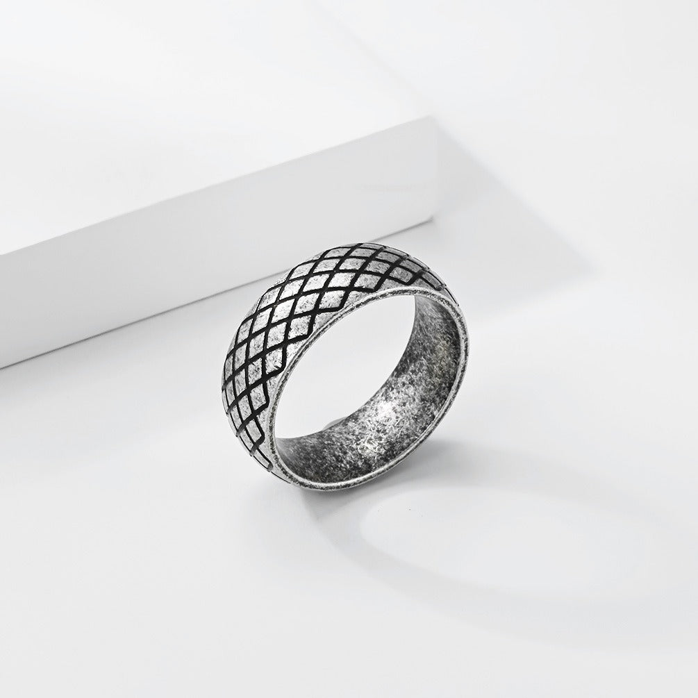 Kemstone Stainless Steel Geometric Grid Ring for Men 8mm Vintage Textured Pattern K-R1183