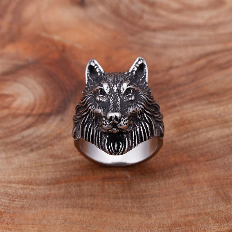 Kemstone Vintage Viking Wolf Head Titanium Steel Ring & Double Wolf Head Chain Bracelet Set - Punk Celtic Knot Adventure Jewelry for Men 	KR48275