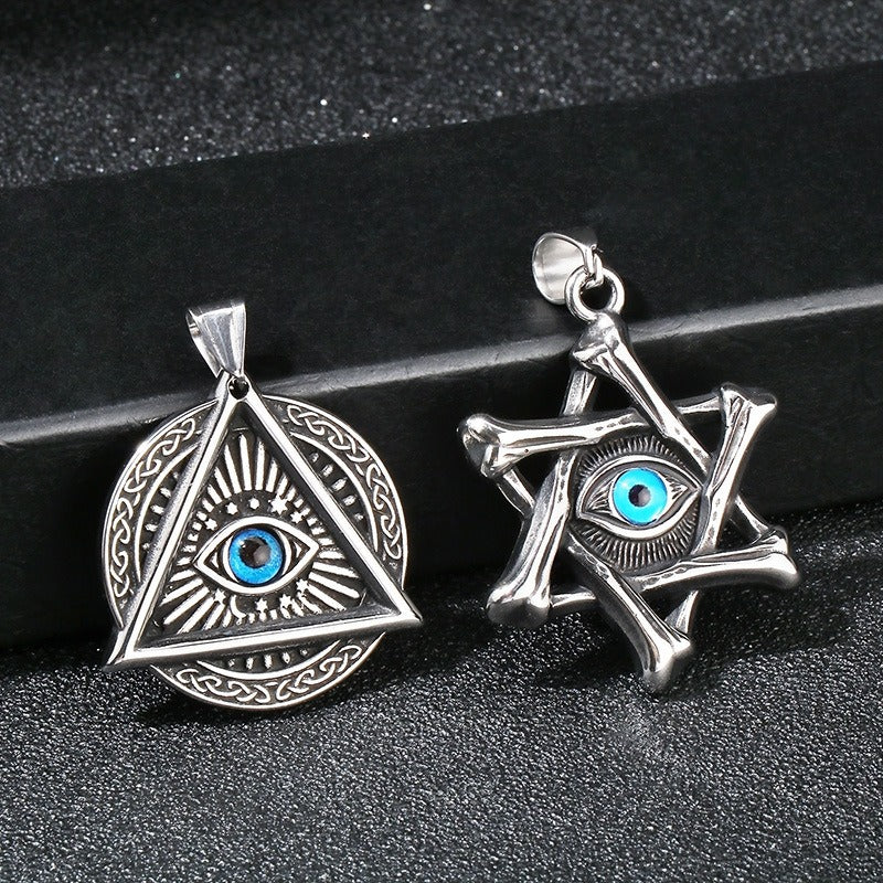 Kemstone Punk Triangle Chain Pendant - Vintage Hexagram Evil Eye Stainless Steel Necklace, Retro Bohemian Men's Fashion Accessory KP119884-MI