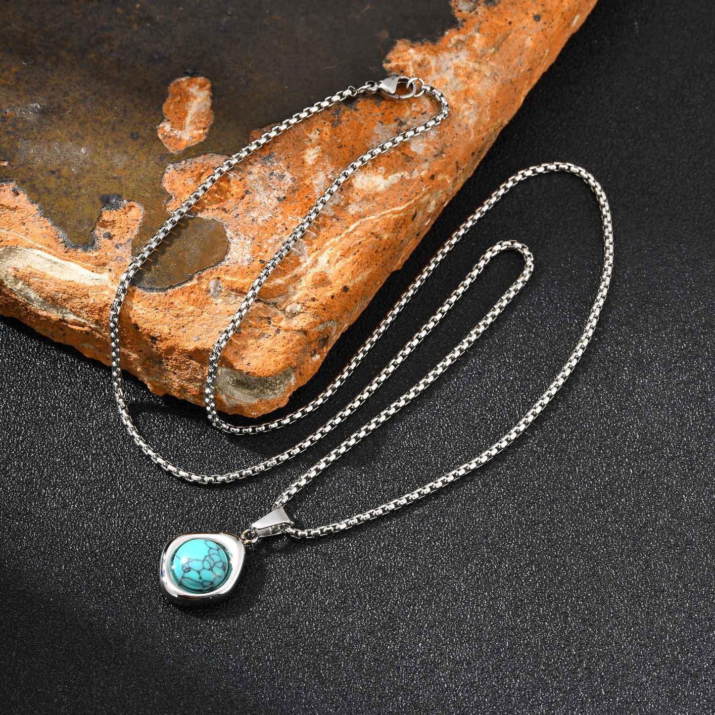 Kemstone Men’s Stainless Steel Necklace – Irregular Natural Stone Pendant Tiger Eye / Onyx / Turquoise PN-2189