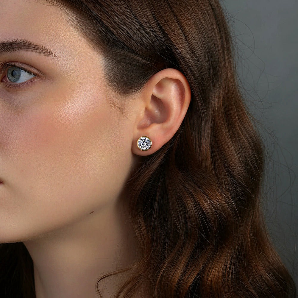 Kemstone Prong Set Round Moissanite Stud Earrings for Women – 925 Sterling Silver, 14K Gold/ Silver MOE16