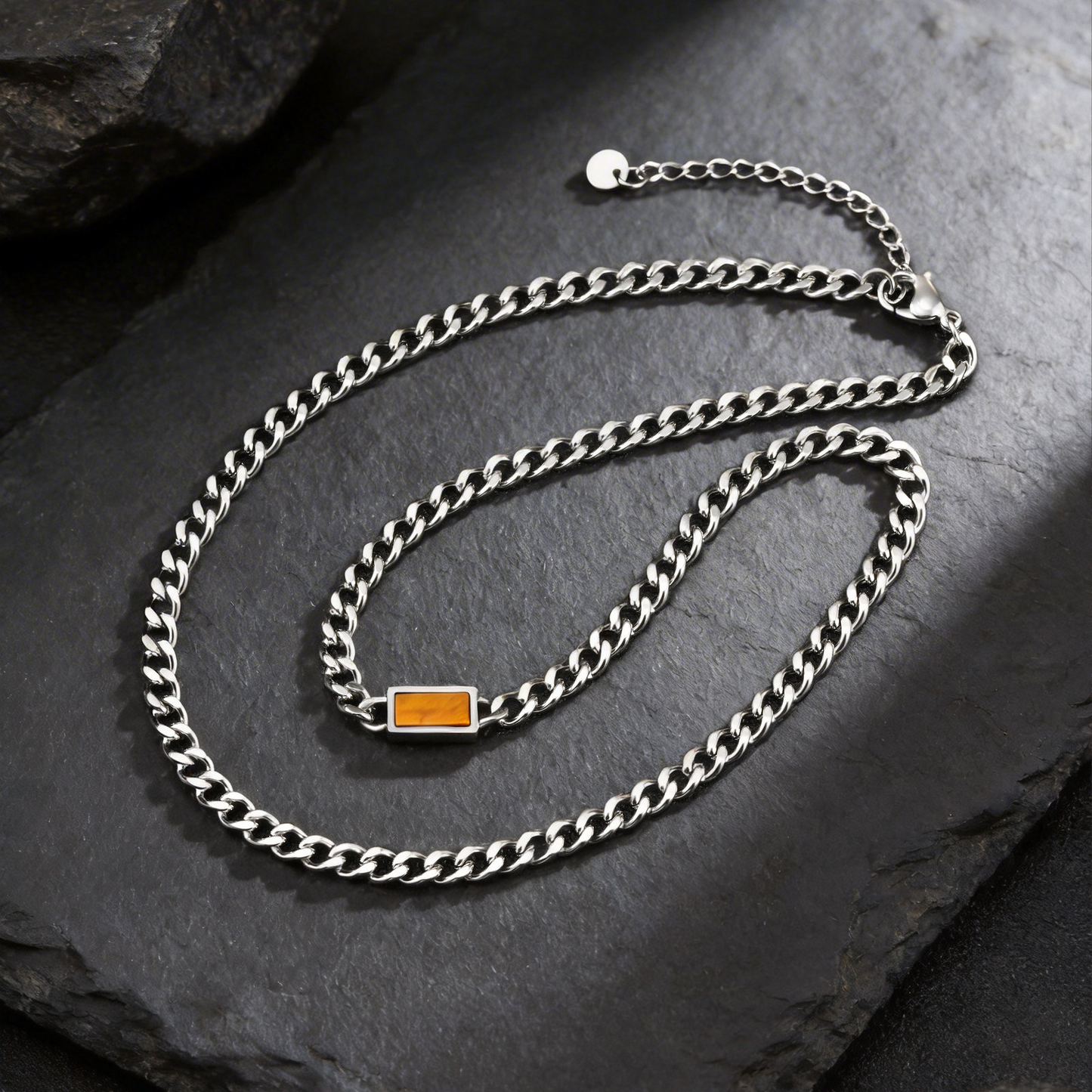 Kemstone Stainless Steel Chain Necklace for Men – Square Tiger Eye Detail Minimal Style NC-2255