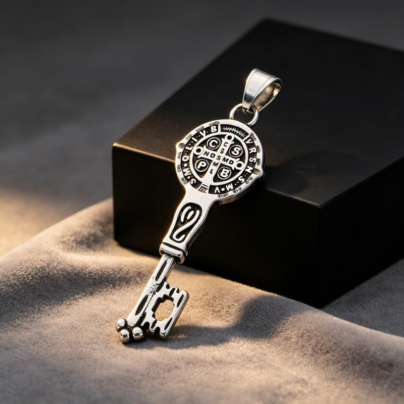 Kemston Stainless Steel Snake Wrap Rune Key Pendant Necklace for Men Gothic Labyrinth Symbol Key Charm KP118633-LU