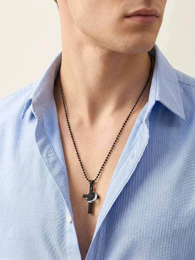 Kemstone Stainless Steel Cross Ring Pendant Necklace for Men Silver Black NC-3002
