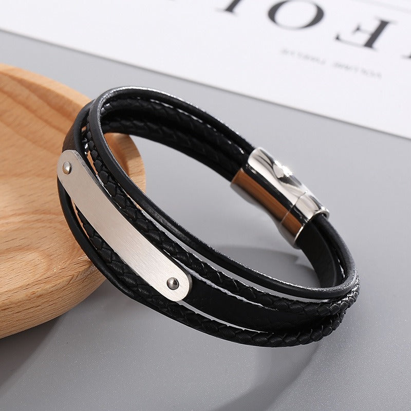 Kemstone Men’s Leather Bracelet – Titanium Steel Multi-Layer Braided Wristband B140193