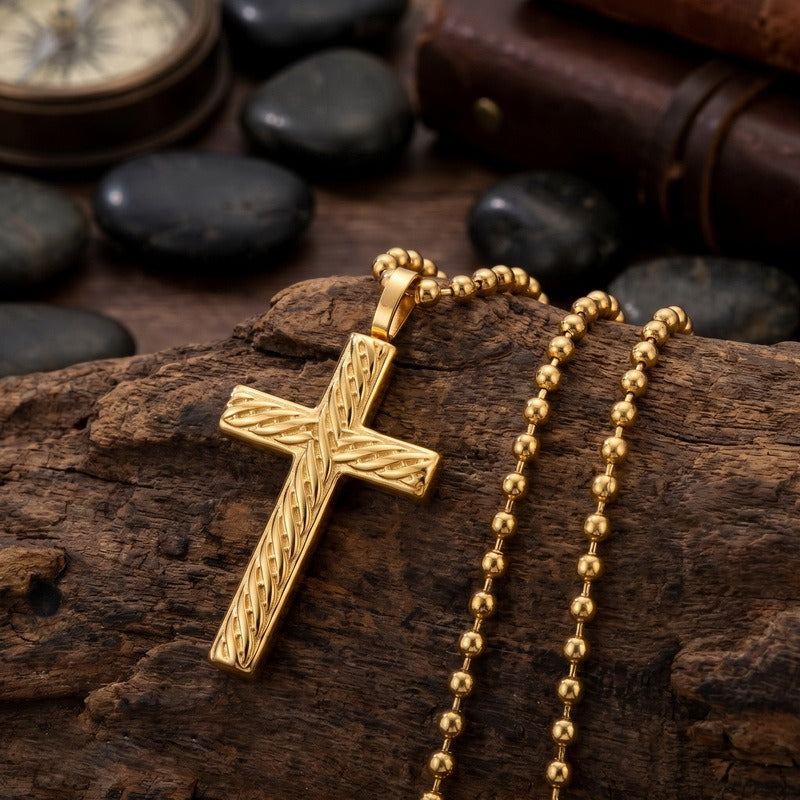 Kemstone Titanium Steel Twisted Cross Pendant Necklace for Men Vintage Rope Texture Chain KN302498-GC