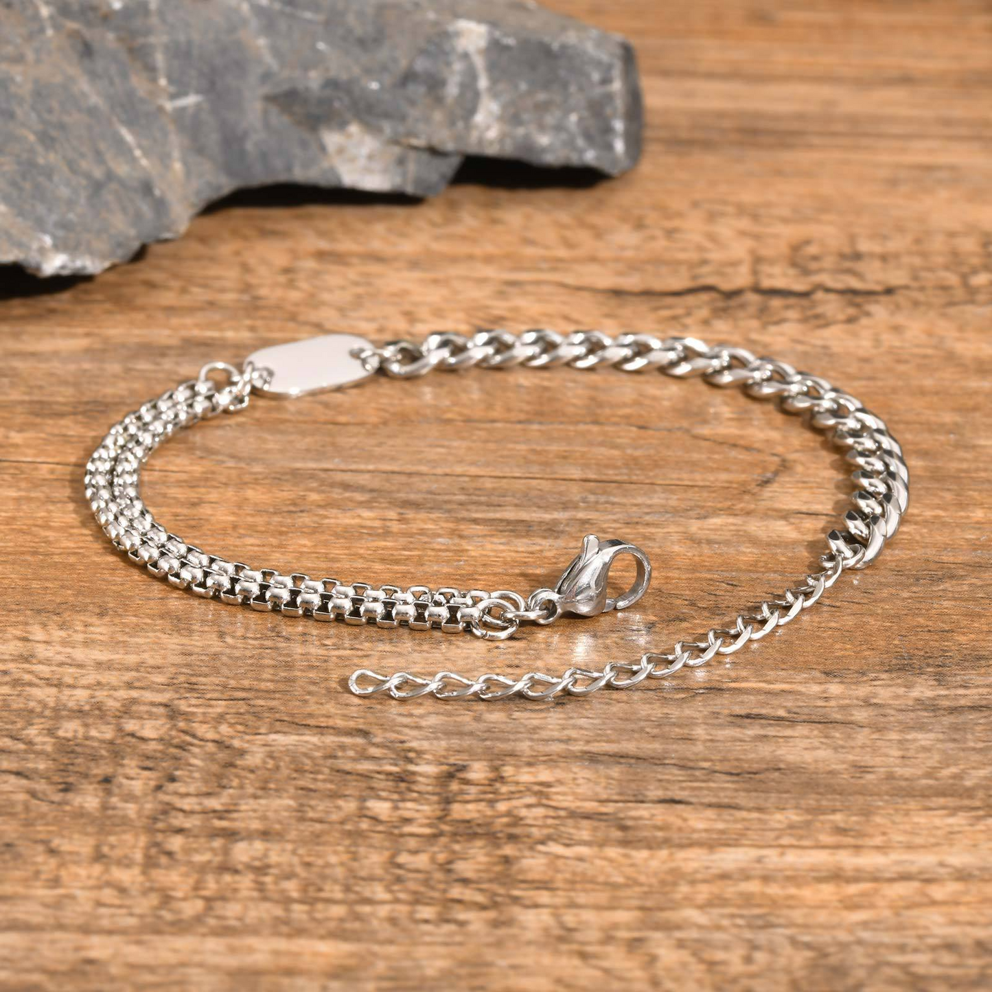 Kemstone Stainless Steel Double Chain Bracelet with Oval Plate for Men – Minimal Layered Link BR-1969