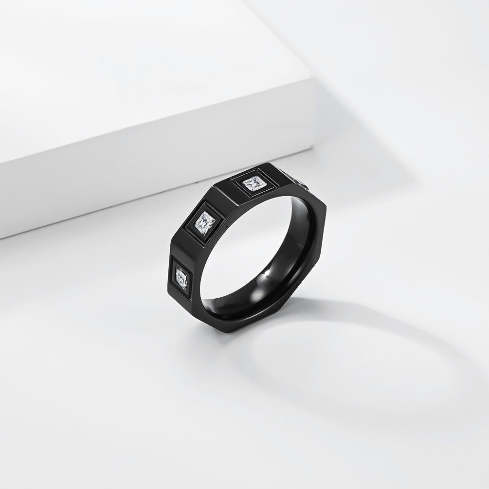 Kemstone Octagonal Cubic Zirconia Geometric Stainless Steel Ring for Men & Women K-R1129
