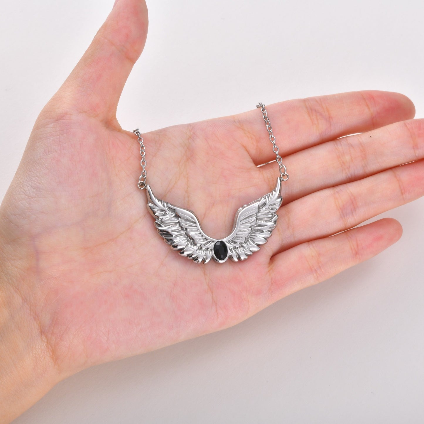 Kemston Stainless Steel Feather Wing Necklace for Men Cubic Zirconia Inlay NC-2878