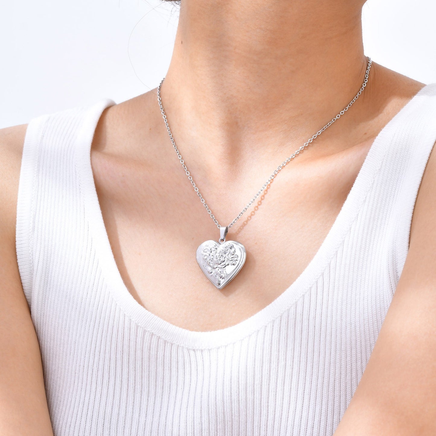 Collar con colgante de foto de corazón de rosa de acero inoxidable para mujer - Regalo de joyería grabado personalizado, elegante recuerdo para sus seres queridos PN-2093