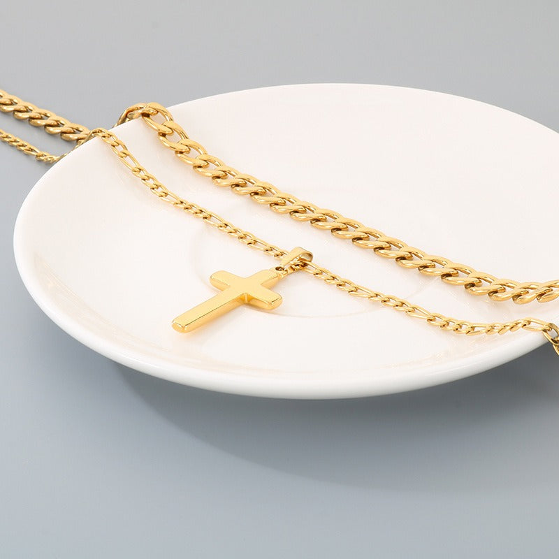 Kemstone Stainless Steel Cross Pendant Necklace for Men Layered NK Chain KN292217-Z