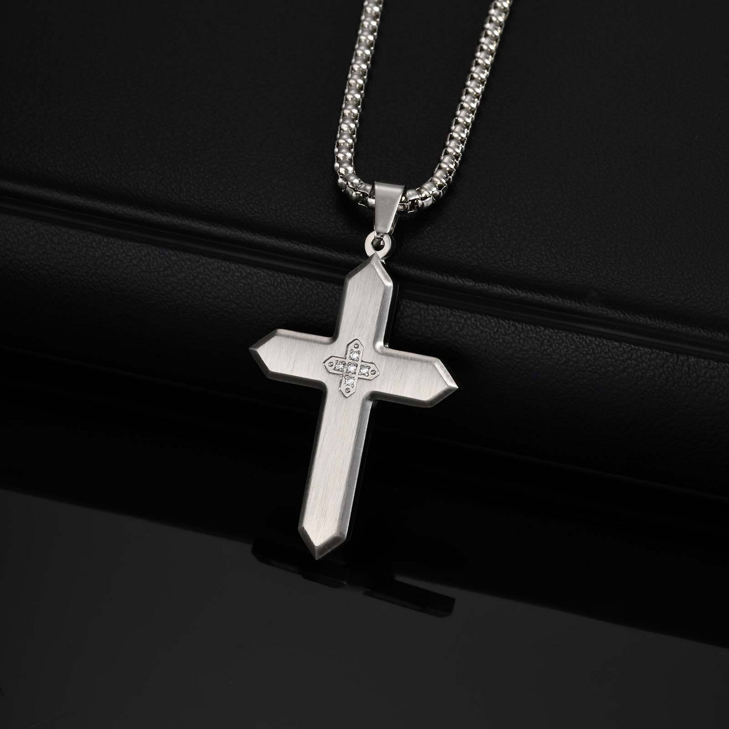 Kemstone Stainless Steel Brushed Cross Pendant Necklace with Cubic Zirconia – Square Link Chain for MenPN-2198