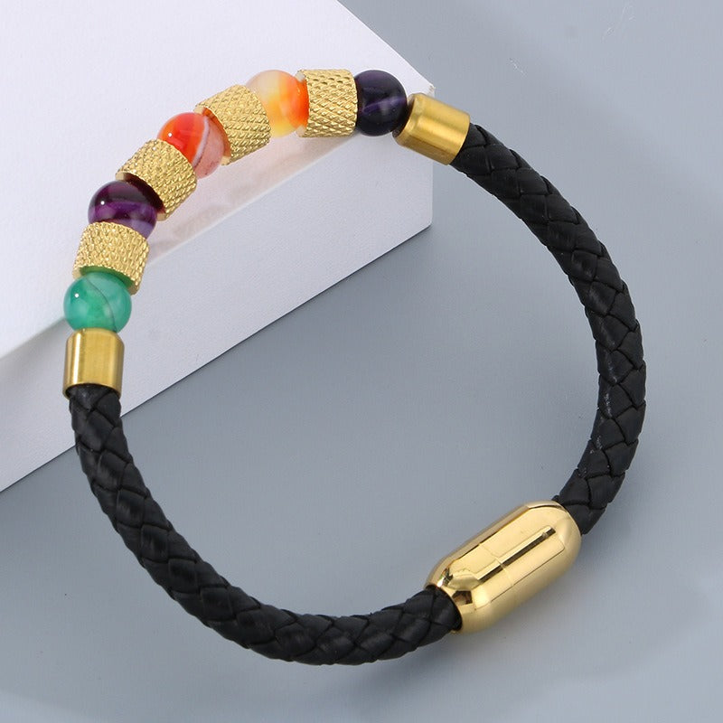 Kemstone Braided Faux Leather Quartz Bead Bracelet for Men KB179957-YA