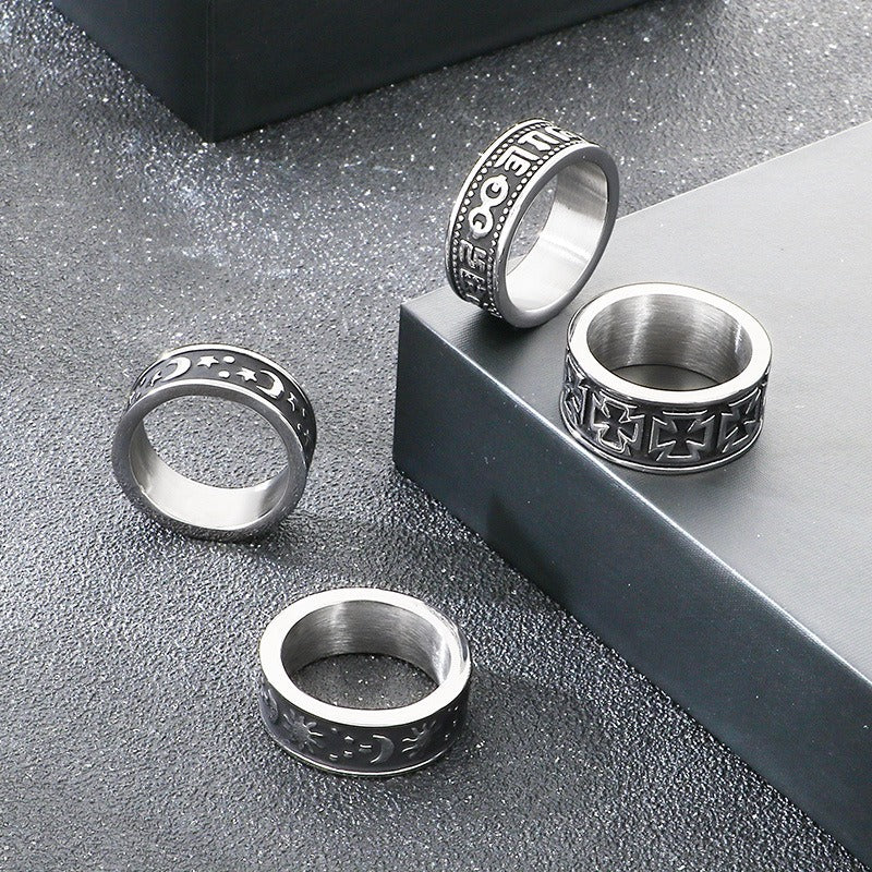 Kemstone Titanium Steel Sun Moon Star Ring for Men Vintage Symbol Band KB158011-Z