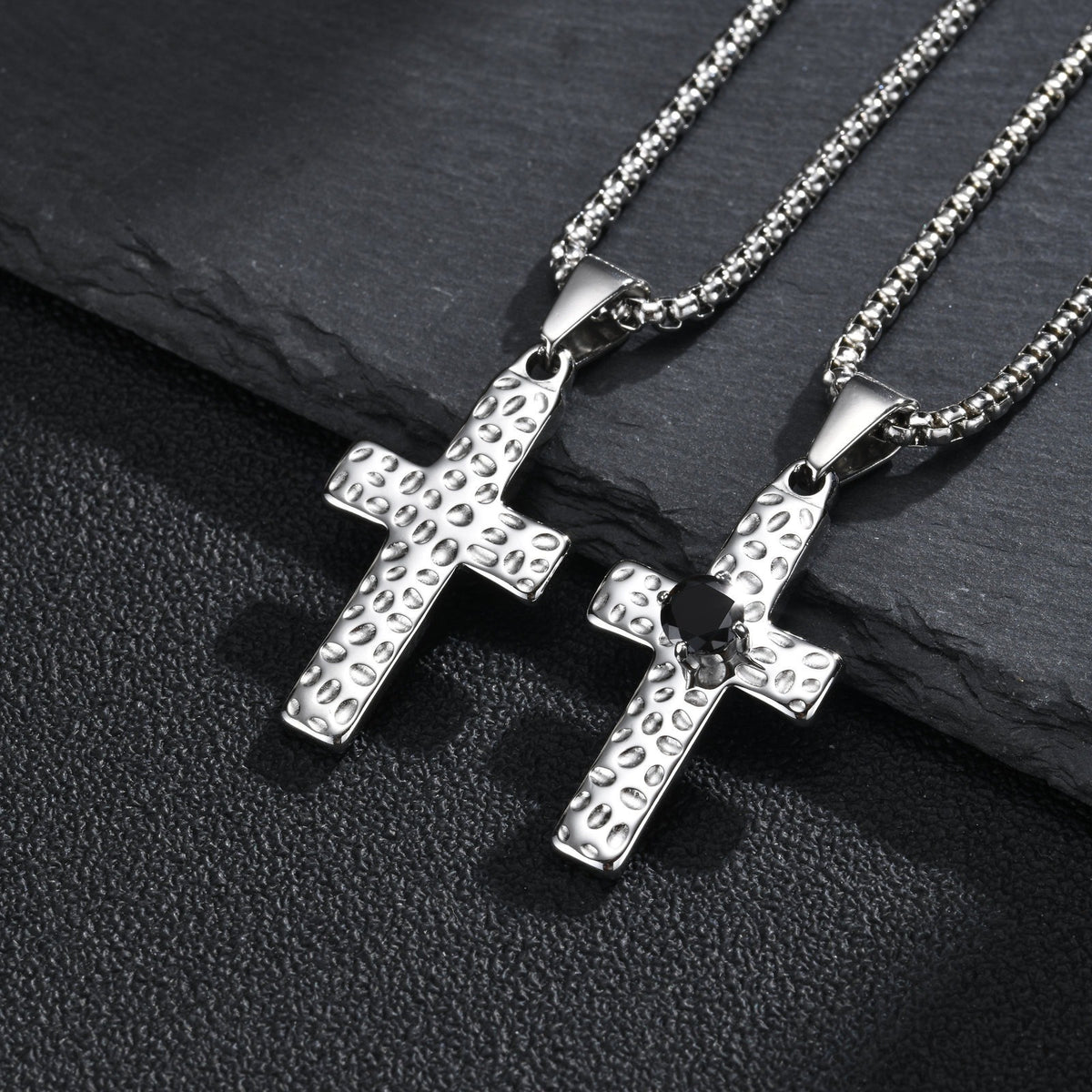 Kemstone Stainless Steel Hammered Cross Necklace for Men Cubic Zirconia Center PN-247