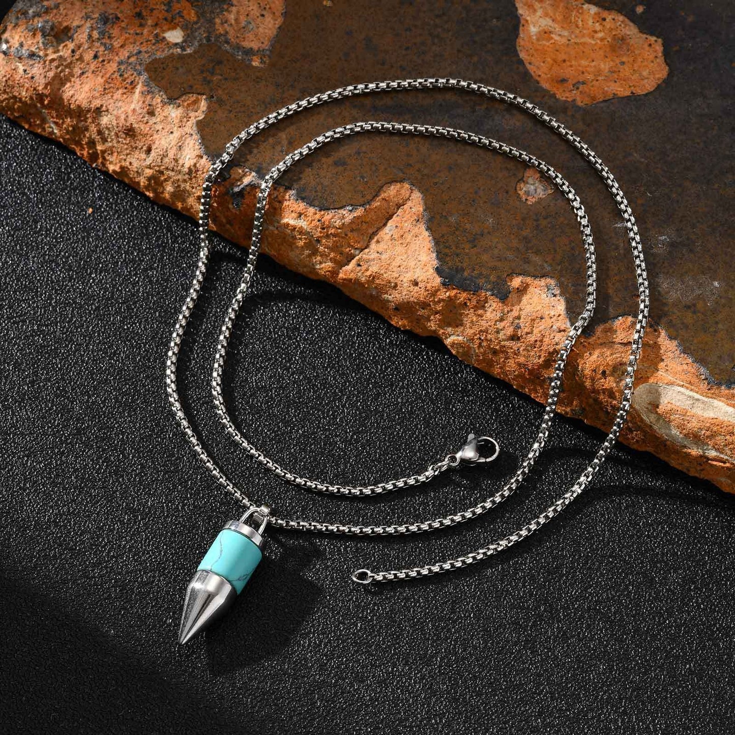 Kemstone Stainless Steel Cylinder Pendant Necklace – Stone Inlay Style for Men PN-2228