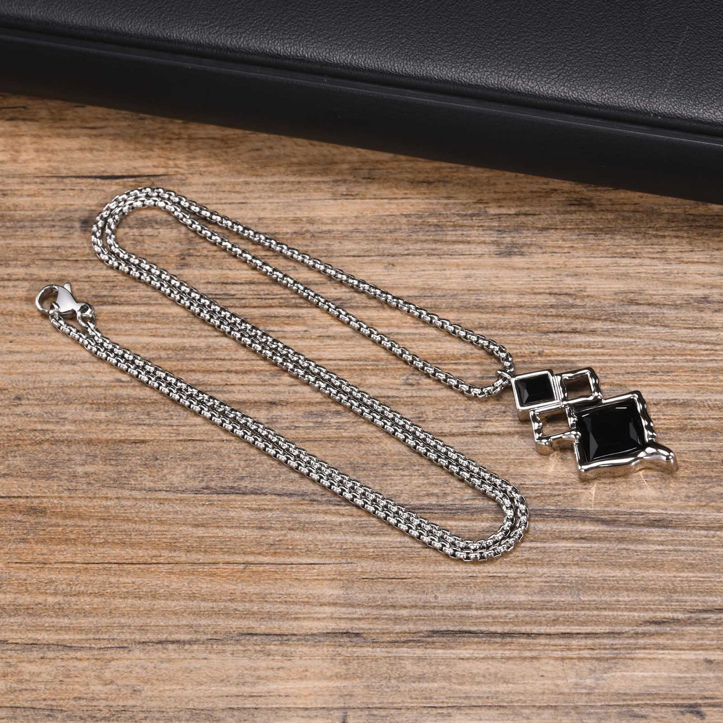 Kemstone Men’s Silver Geometric Pendant Necklace with Black Enamel PNB-192