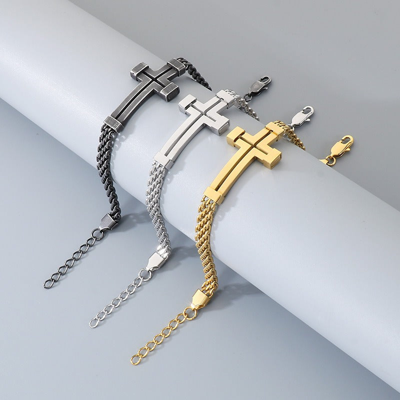 Kemstone Titanium Steel Hollow Curved Cross Bracelet for Men Adjustable Double Chain Gold Silver Black KB212800-KFC