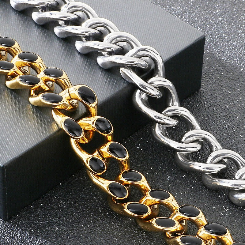 Kemstone Cuban Link Bracelet for Men Titanium Steel Black Inlay Chunky Heavy Chain Hip Hop Gold Silver KB202409-KJX