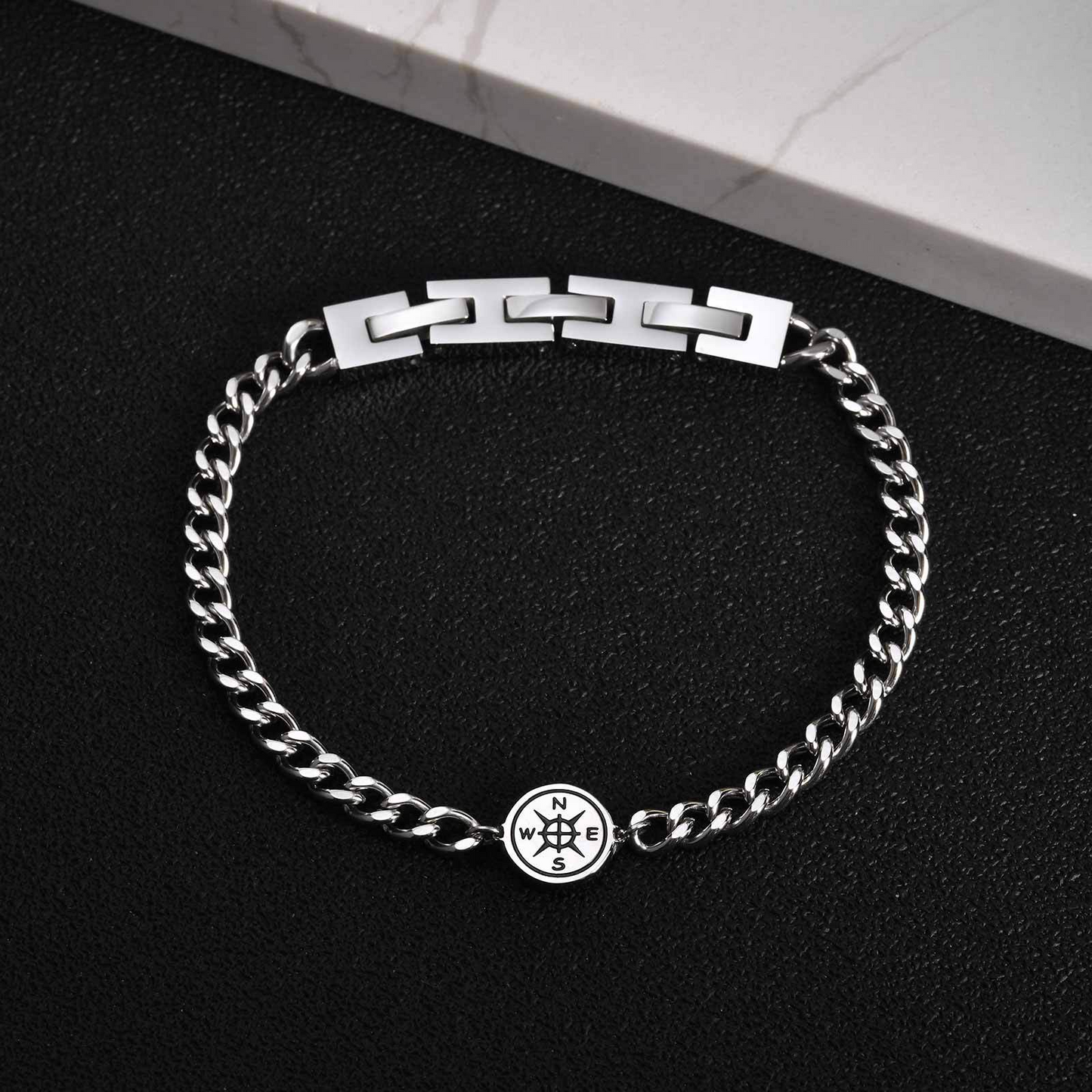Kemstone Stainless Steel Compass Cuban Link Bracelet for Men Double H Clasp Silver BR-2210