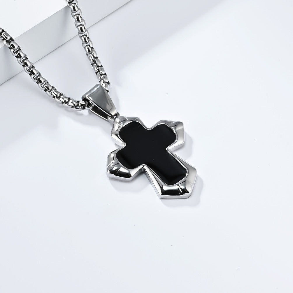 Kemstone Black Enamel Cross Necklace for Men Stainless Steel Faceted Edge K-PT560