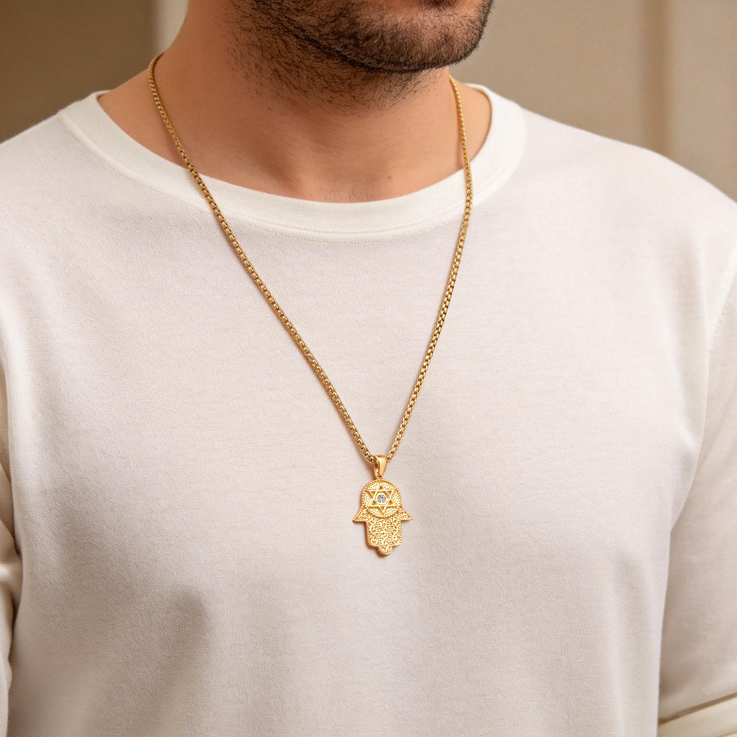 Kemstone Hand Pendant Necklace Gold Plated Stainless Steel Star Symbol Cubic Zirconia for Men Women PN-2337