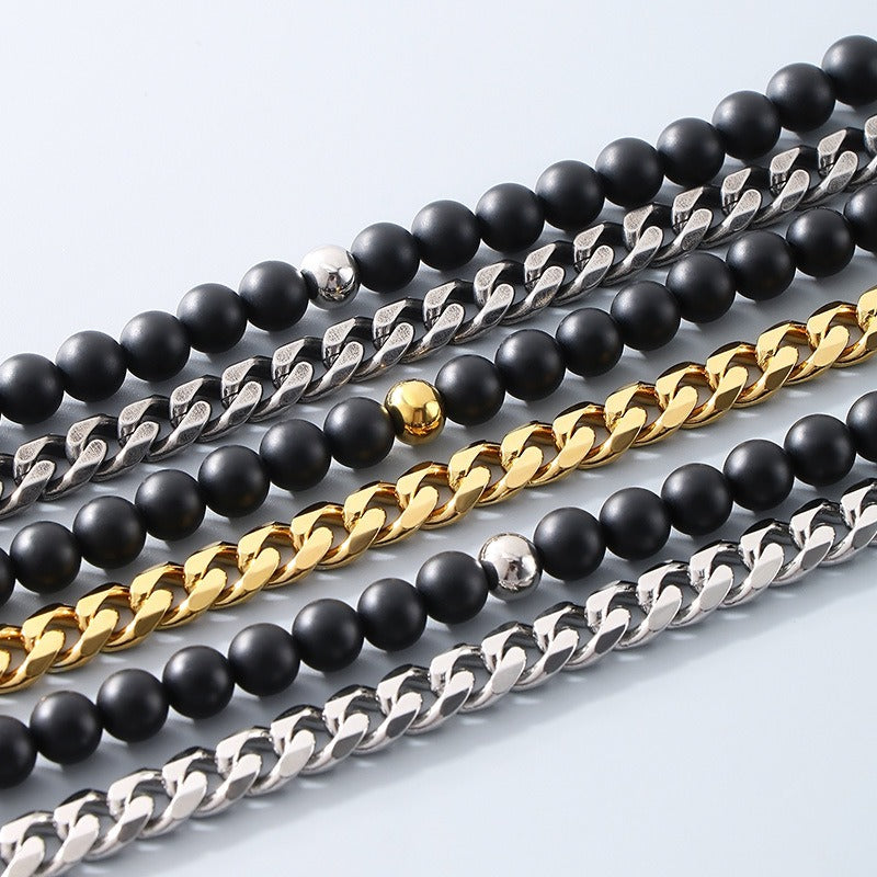 Kemstone Dual-Layer Onyx & Cuban Chain Bracelet – Stainless Steel Power Symbol KB185323-Z