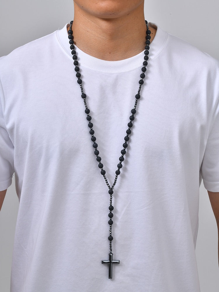 Kemstone Tiger Eye Beaded Cross Necklace for Men Lava Stone Stainless Steel Pendant NC-3017
