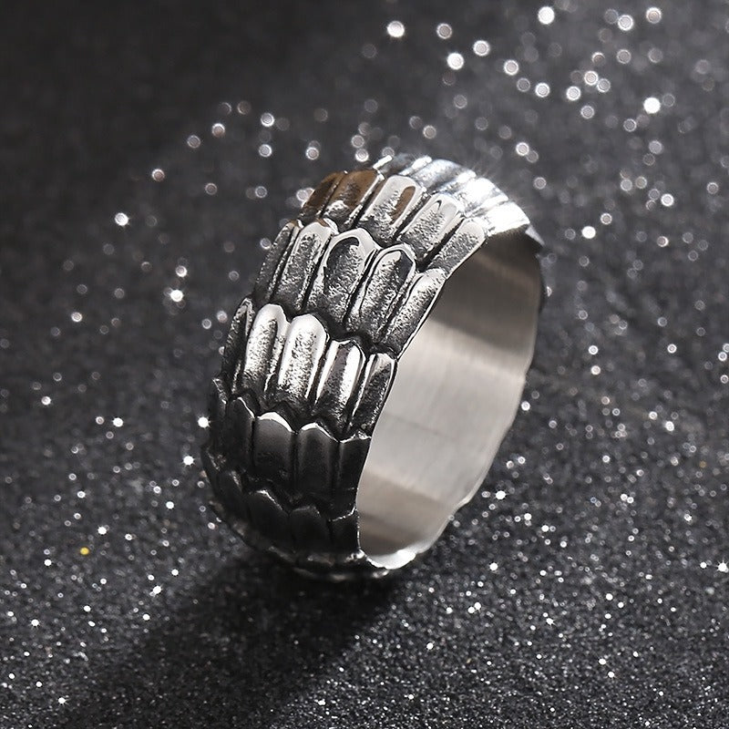 Kemstone Blackened Dragon Scale Ring - Raw-Edged Punk Jewelry for Rebellious Souls KR103316-KJX