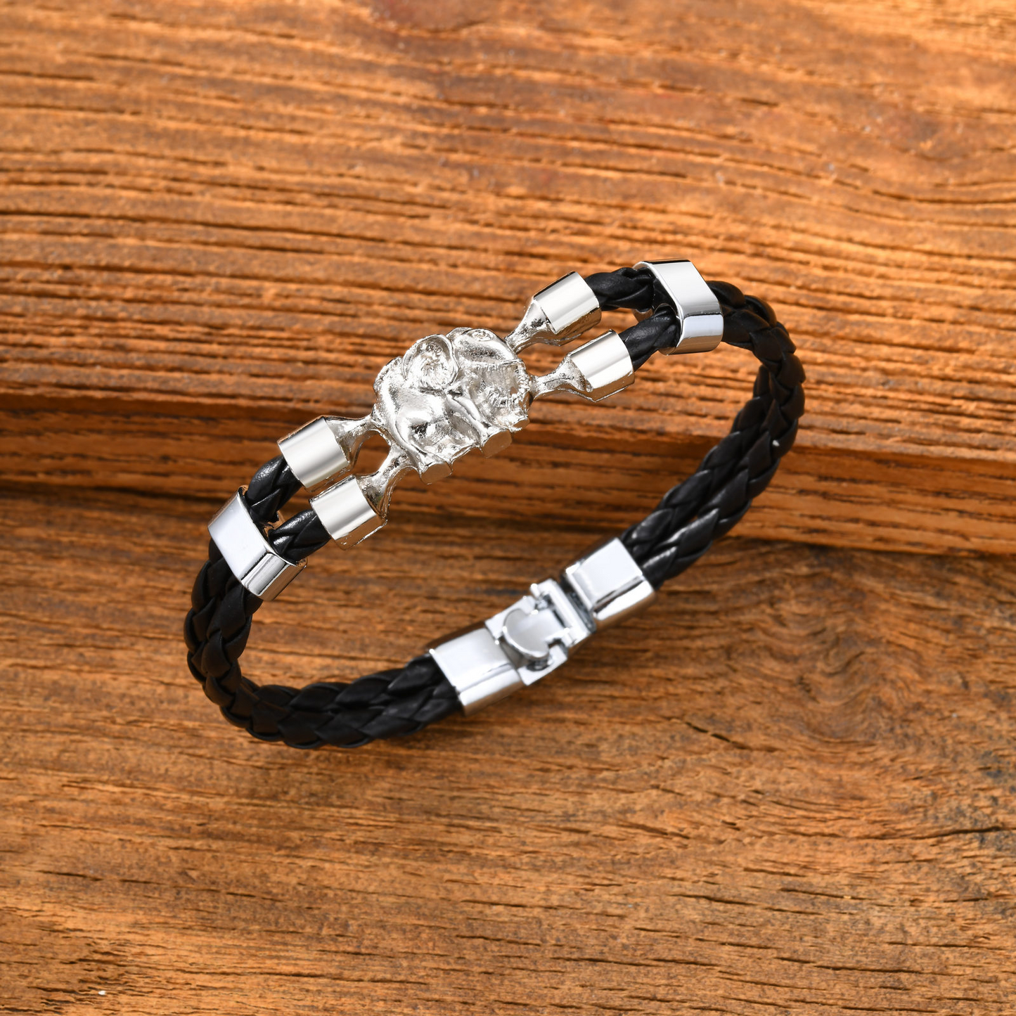 Kemstone Elephant Leather Bracelet Double Braided Black PU Cord with Alloy Clasp for Men BL-825
