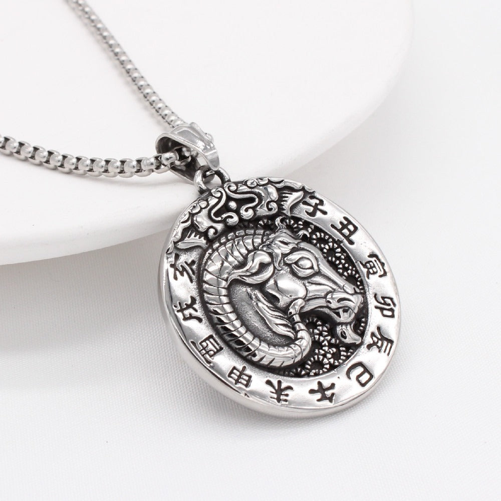 Kemston Zodiac Animal Medallion Necklace for Men Stainless Steel Vintage P0959