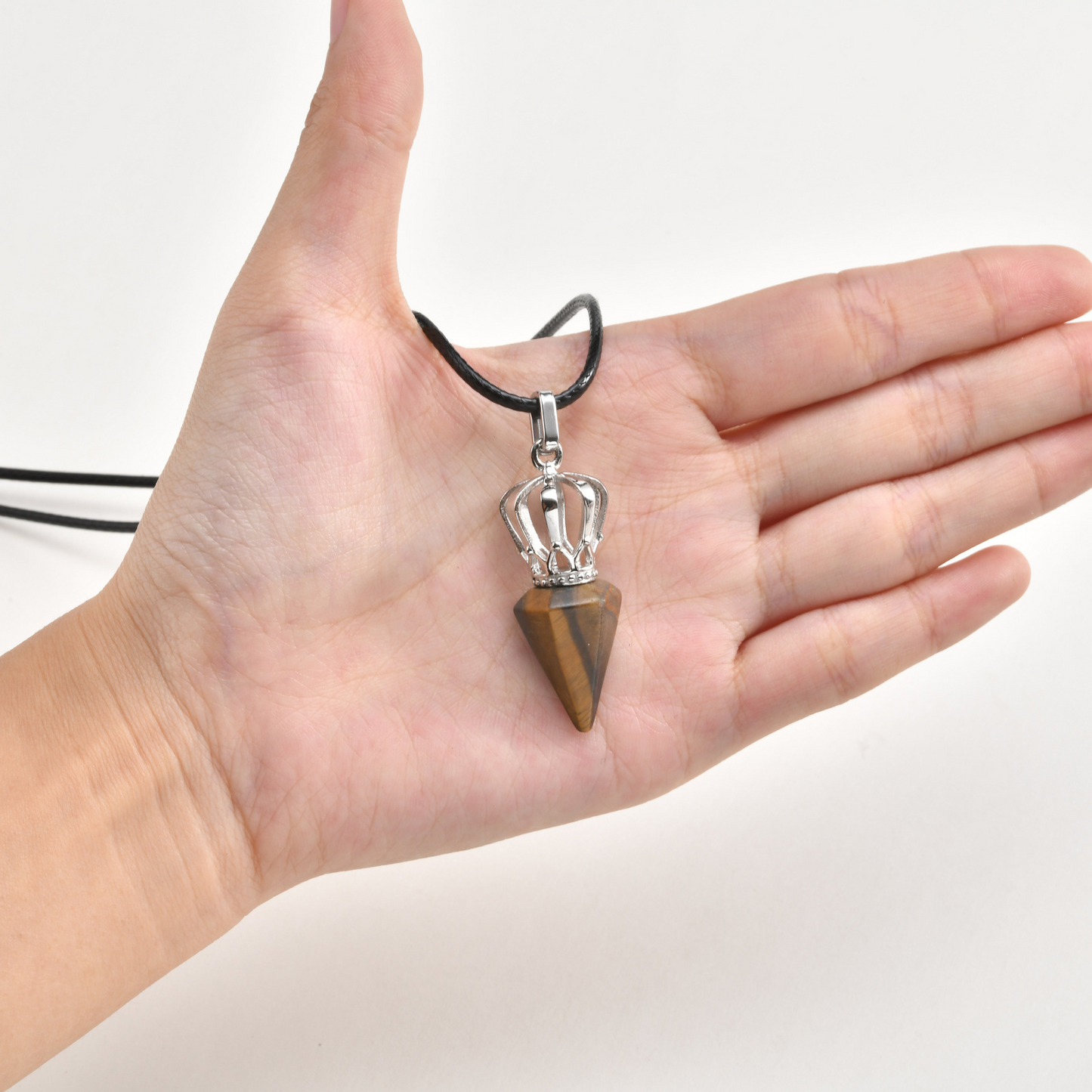 Kemstone Stainless Steel Bullet Tip Hexagonal Crown Tiger Eye Stone Pendant Necklace for Men PN-2286