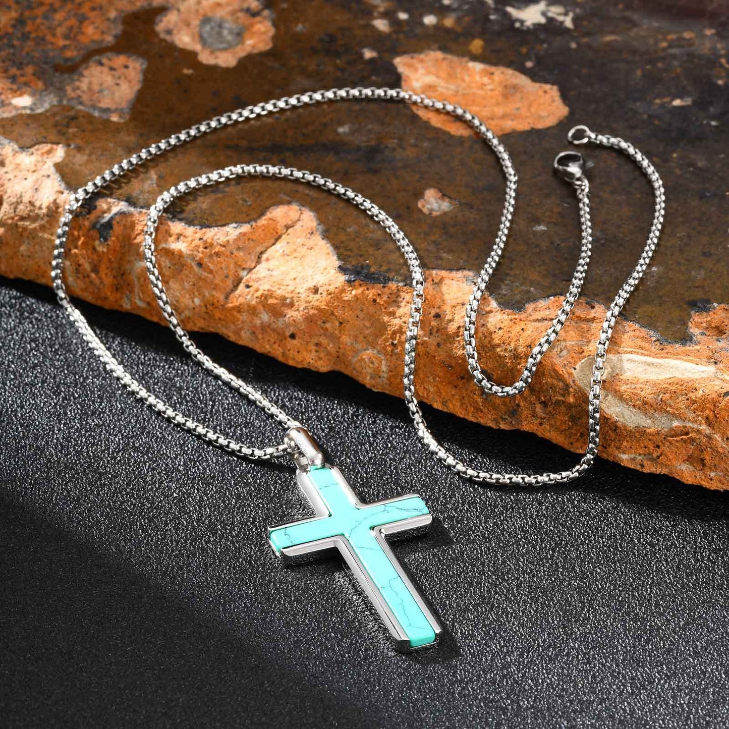 Kemstone Stainless Steel Cross Pendant Necklace – Tiger Eye & Turquoise Inlay for Men PN-2224