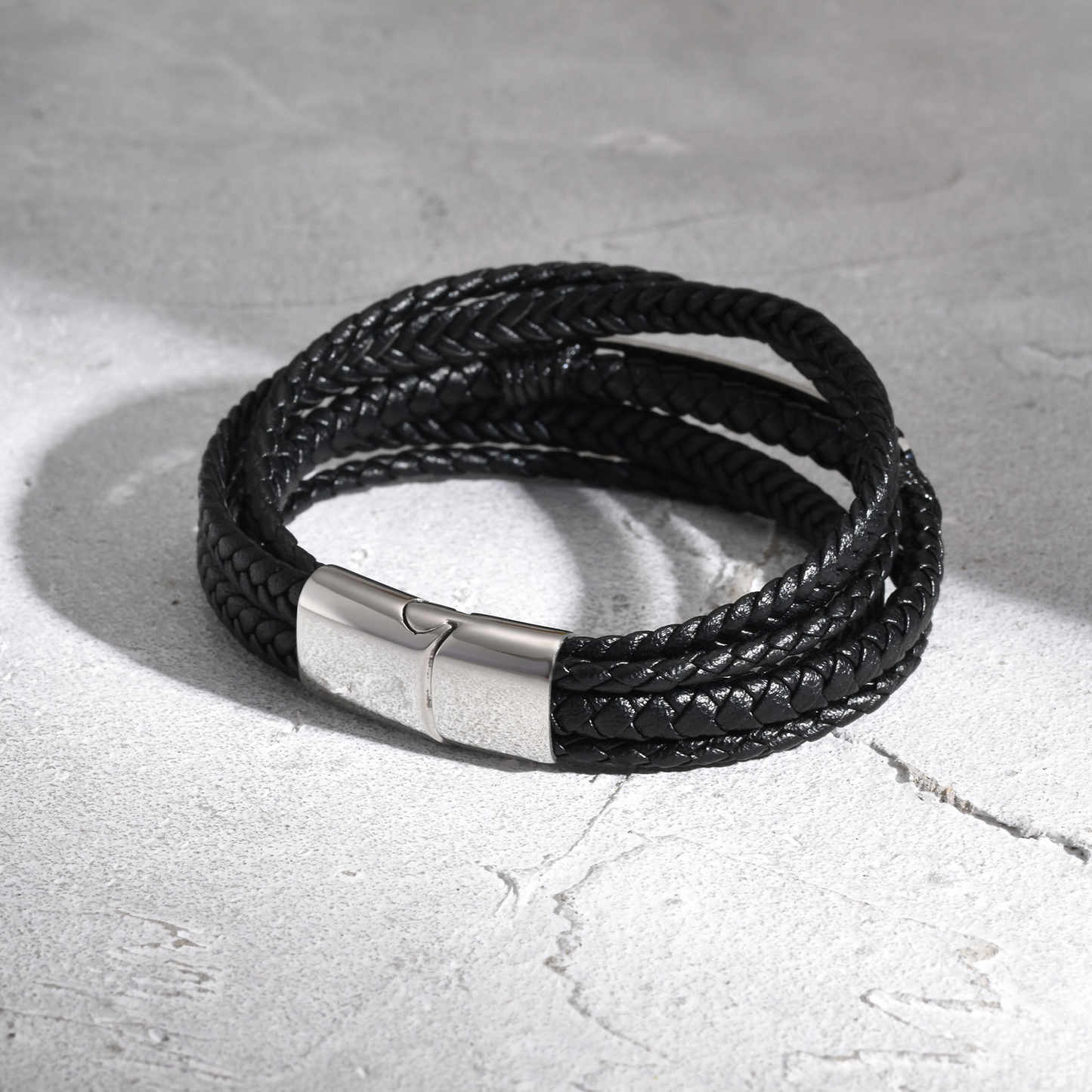 Kemstone Stainless Steel Curved Plate Multi-Layer PU Leather Bracelet for Men – Black Double Wrap Design BL-783