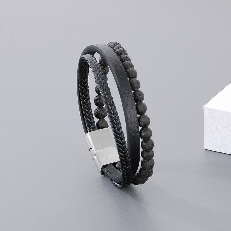 Kemstone Volcanic Rock Bracelet for Men Leather Stainless Steel Multi Layer KB180736-JR