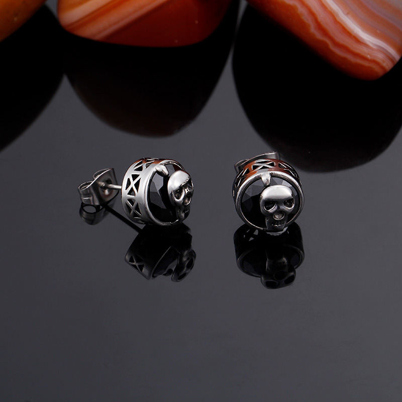 Kemstone Skull Cubic Zirconia Stud Earrings for Men – Titanium Steel Gothic Style KE71215