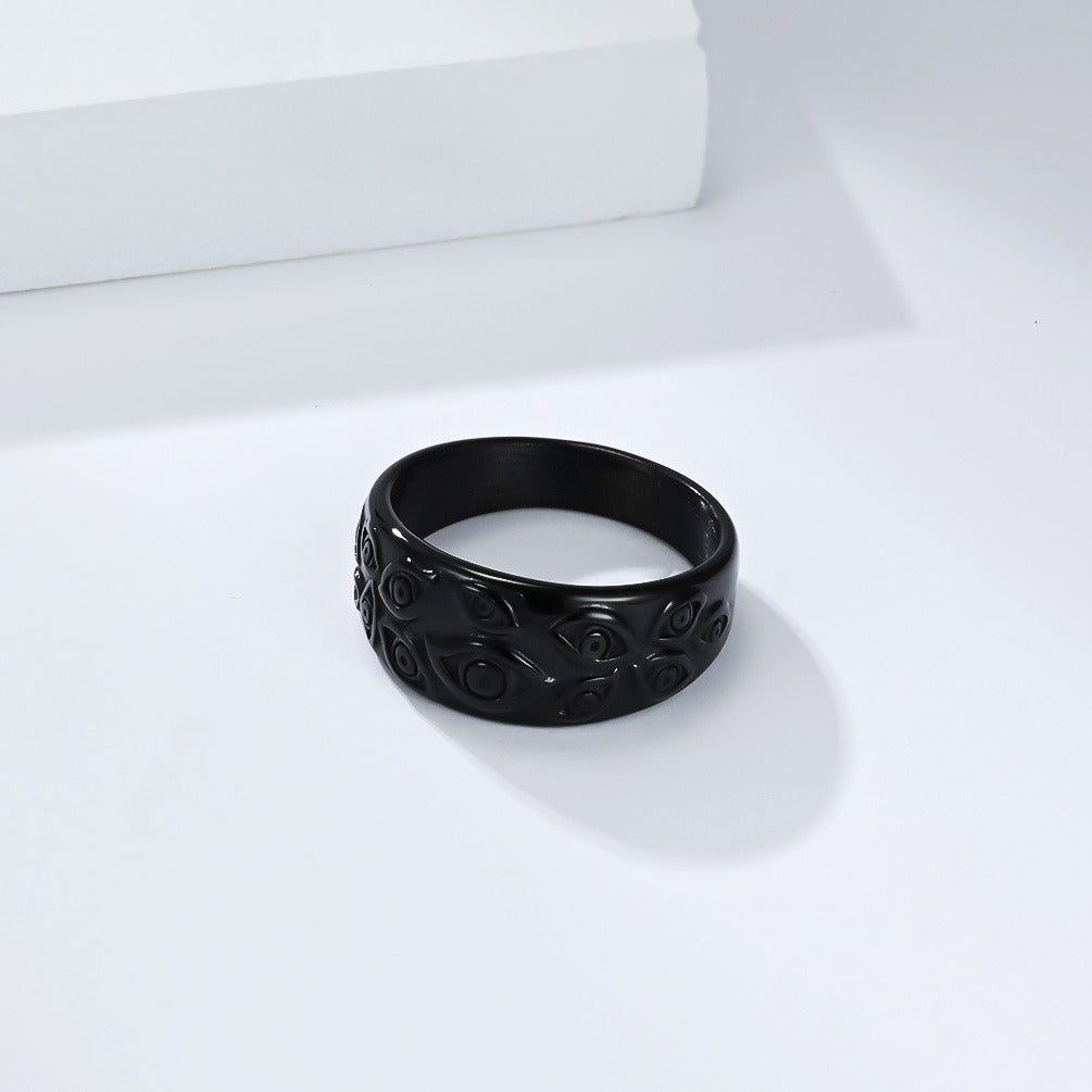 Kemstone Titanium Steel Evil Eye Ring for Men – 10mm Gothic Demon Band Jewelry, Silver/Gold/Black K-R1082