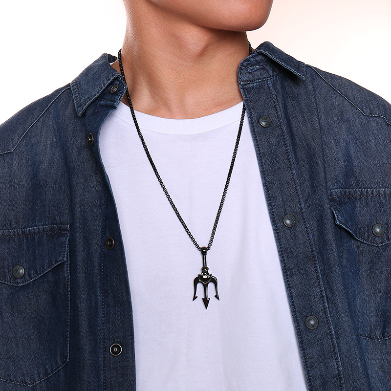 Kemstone Trident Pendant Necklace for Men Stainless Steel Vertical Symbol Gold Silver Black PN-1176