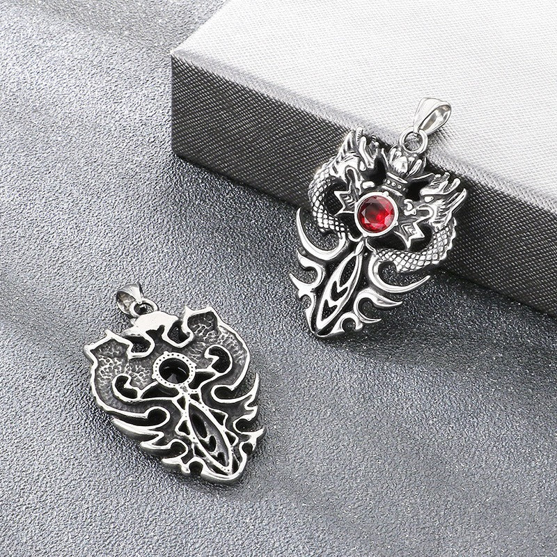 Kemstone Vintage Double Dragon Pendant Necklace Titanium Steel Sword with Cubic Zirconia for Men KP117722-LU