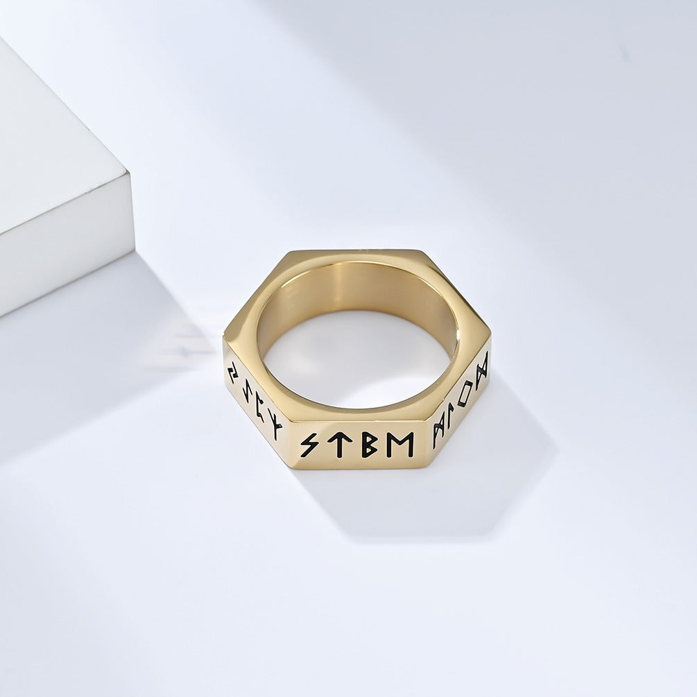 Kemstone Titanium Steel Rune Ring – Nordic Viking Hex Nut Design K-R703