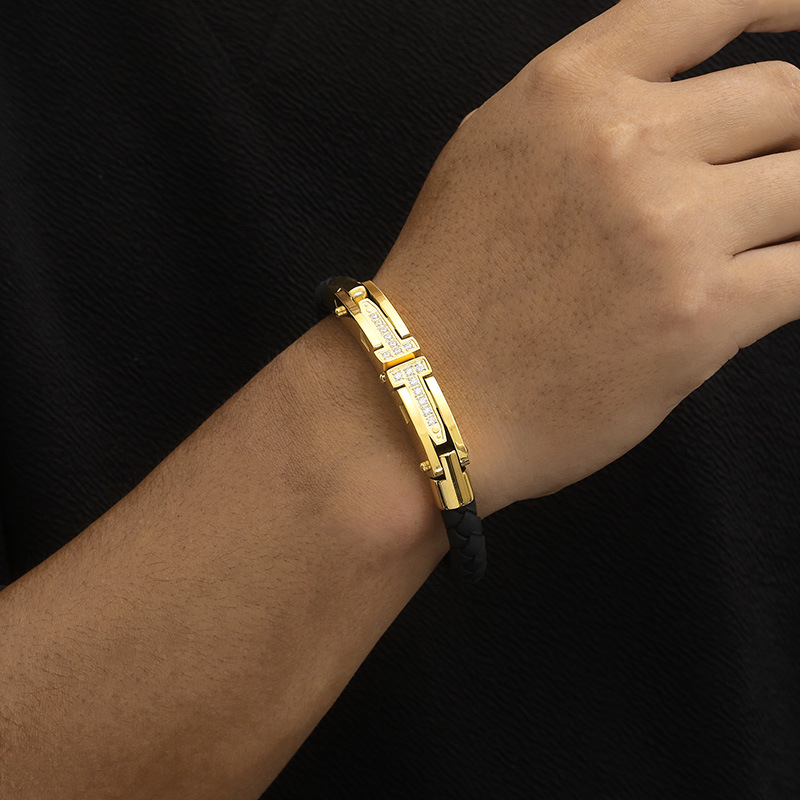 Kemston T-Bar Braided Leather Bracelet for Men Titanium Steel Stone Accent Gold Silver KB163596-KFC