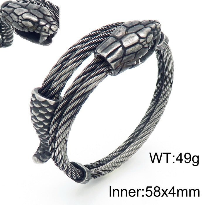 Snake Head Stainless Steel Bracelet – Gothic Punk Open Cuff for Men, Dual-Layer or Single-Layer, Retro Viking Style KB156931